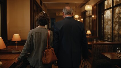 Fototapeta premium Walking couple moving down dining aisle in casual jacket and suit, carrying brown bag, briefcase