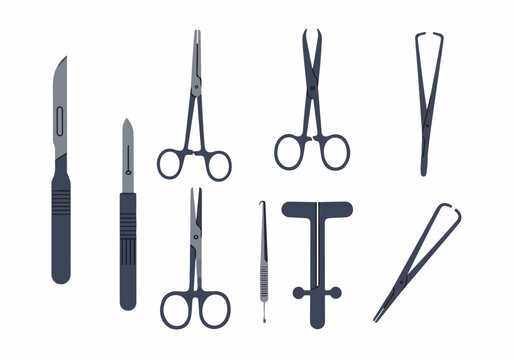 Flat vector illustration of essential surgical instruments set, including scalpels, clamps, and forceps, used in hospitals and medical procedures.