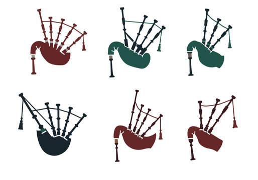 Vector set of stylized bagpipe musical instrument icons in different colors, representing Scottish or Celtic culture on a white background.