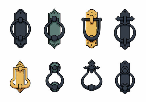 Collection of antique door knockers vector icons. Vintage brass and iron hardware elements featuring classic and ornate designs isolated on white.