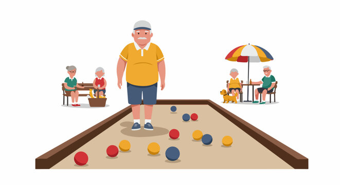 Elderly people playing bocce on a court and socializing with friends during their active retirement lifestyle.