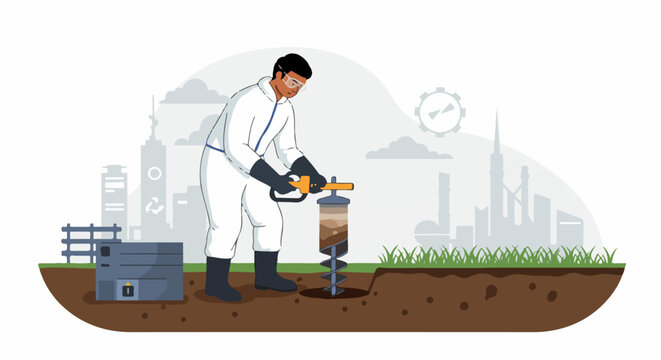 Environmental scientist extracting soil core sample using an auger in an urban area for quality and pollution investigation vector illustration.