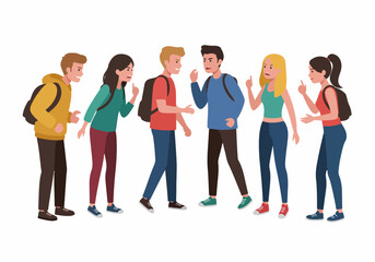 Fototapeta premium Group of diverse college students arguing, discussing problems, or having a confrontation in a flat design illustration.