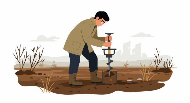 Environmental Engineer Collecting Soil Samples Using a Hand Auger for Geological and Agricultural Testing.