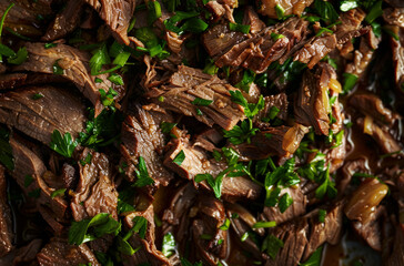 Naklejka premium Photo of Delicious shredded beef. Food photo for backdrops or recipes