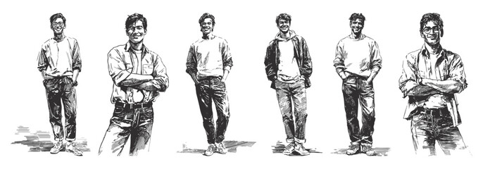 Casual male characters stylish modern people poses. Young men standing relaxed and smiling in everyday clothing. Detailed pencil drawing sketch style illustration, background for fashion projects.