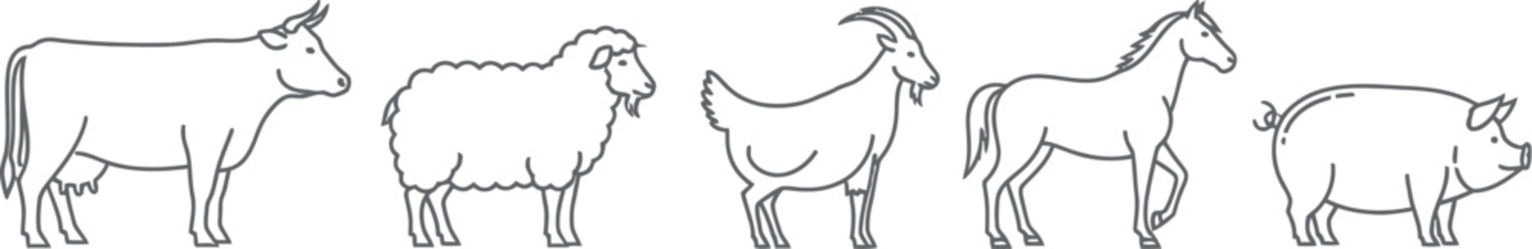 Simple black and white outline drawing collection depicting various common domesticated farm animals standing side by side on a white background.