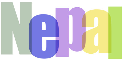 Colorful transparent text overlay spelling 'Nepal' with overlapping letters in green, blue, purple, yellow, and lime green hues on a clean white background, ideal for travel and cultural themes. © Drago Designer