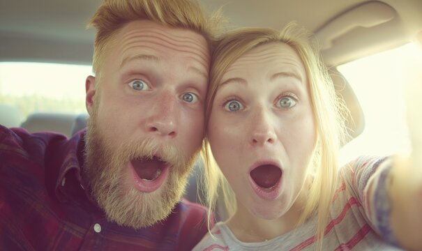 Friends enjoy car trip and take selfie in vehicle