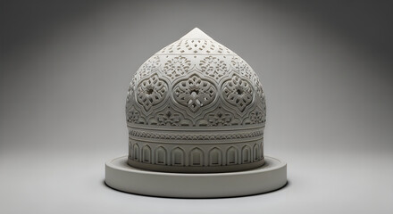 Intricate 3D white mosque dome with geometric patterns on gray base minimalist decor