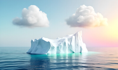 Beautiful floating iceberg in serene blue ocean under a tranquil pastel sunset sky.