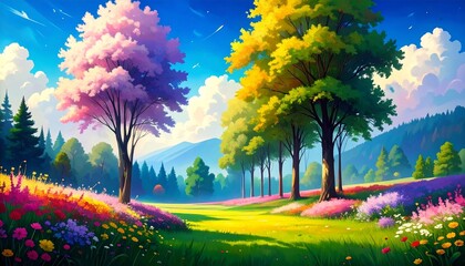 Vibrant blooming trees in colorful meadow with mountains and blue sky summer landscape
