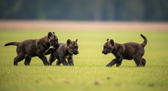 Three young wolves exploring a grassy field together in daylight