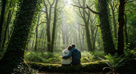 Fototapeta premium Enchanted Forest Embrace: Couple's Serene Retreat in Lush Nature