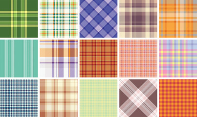 Plaid bundle created for picnic blankets, outdoor cushions, and casual wear. Vector tartan patterns enhance lifestyle products and digital designs.
