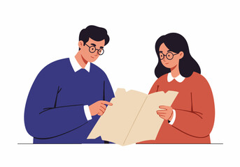 Obraz premium Man and woman collaborating, reviewing a document or map together, symbolizing teamwork, discussion, and planning in a flat vector illustration.
