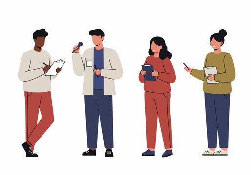 Professional team of reporters, interviewers, and journalists standing with clipboards and a microphone, isolated vector illustration.