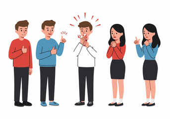 Fototapeta premium Extreme spice challenge: Man reacting to hot chili while friends show thumbs up and concern.