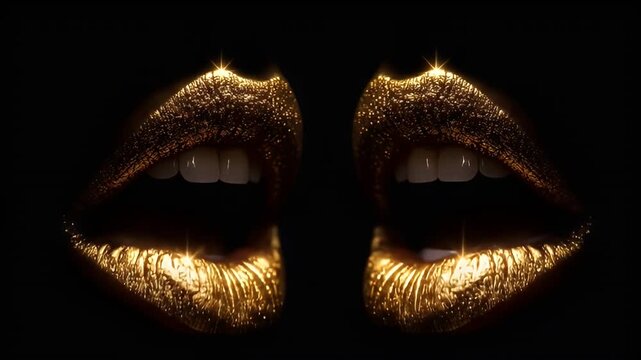 Symmetrical golden lips are agape, displaying teeth, against a stark black background