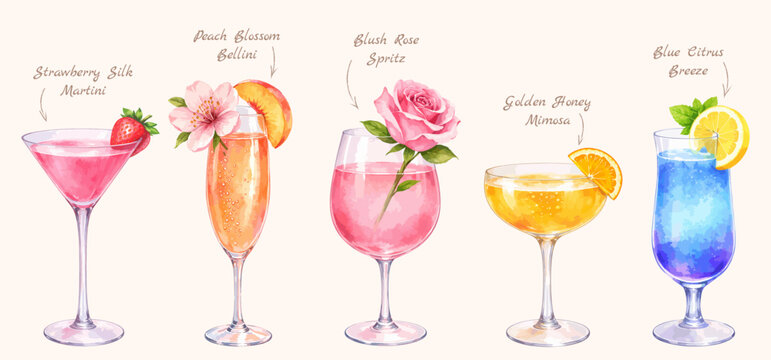 Watercolor vector cocktail set, isolated drinks collection