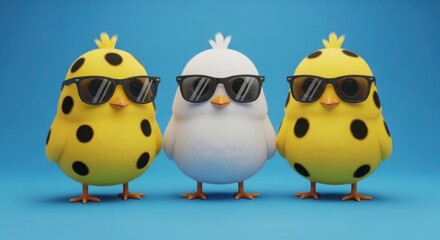 Three stylish cartoon chicks wearing sunglasses standing together