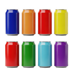 Six colorful beverage cans arranged in a horizontal row
