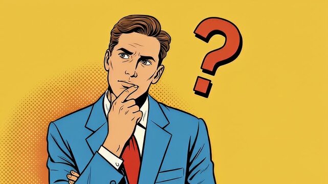 Cartoon man in blue suit, with hand on chin, next to a red question mark