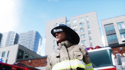 Fire station. A firefighter stands next to a fire engine. Fire trucks, their lights on, are ready to go. 3d rendering. © 3D motion