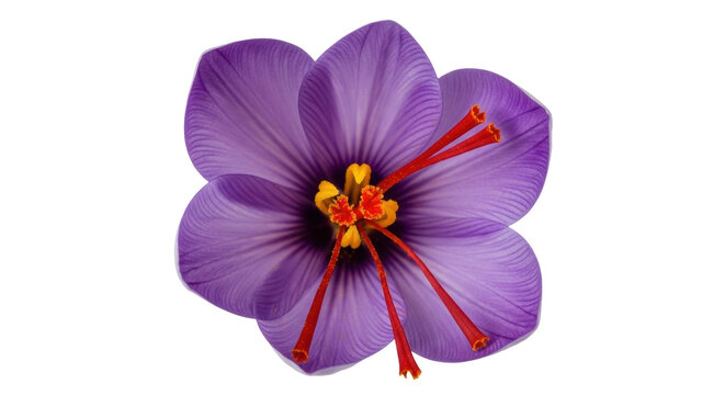 Saffron flower PNG isolated on transparent background, vibrant purple petals and red stigmas for culinary and medicinal use