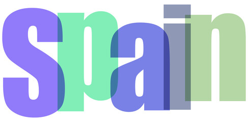 Stylized 'Spain' text with overlapping translucent letters in purple, blue, and green, creating a modern graphic design element for travel and culture themes © Stocker Man