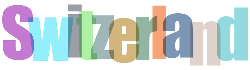 Colorful typography design spelling 'Switzerland' with overlapping semi-transparent letters in a modern, playful style, ideal for travel, tourism, or cultural themes. © Stocker Man