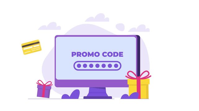 4K animation of a promo code entered on a monitor. Features gift boxes, credit card, and shoppers with a discount bag. Perfect for e-commerce sales, digital marketing, and retail promo videos