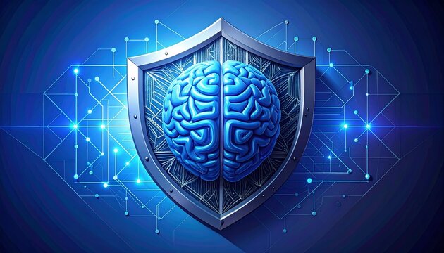 AI brain digital security shield with futuristic neural network and cyber protection