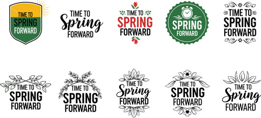 Spring forward typography illustration set, seasonal daylight artwork, decorative text vector design, bold graphic icon, black white colorful symbol © Retu