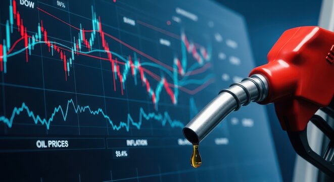 Gasoline nozzle with oil drop against stock market financial charts