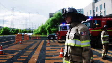 Fire station. A firefighter stands next to a fire engine. Fire trucks, their lights on, are ready to go. 3d rendering. © 3D motion