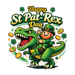 Obraz premium Happy St Pat Rex Day Funny Dinosaur Leprechaun Kids Vector Illustration