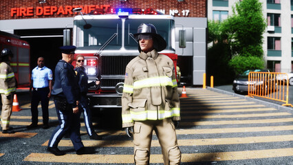 Fire station. A firefighter stands next to a fire engine. Fire trucks, their lights on, are ready to go. 3d rendering. © 3D motion