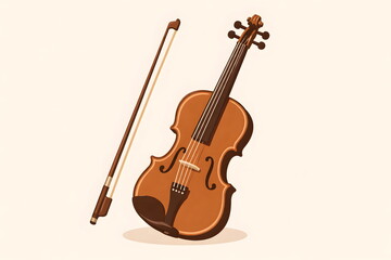 Fototapeta premium Classical wooden violin with bow placed beside it on a soft neutral background.