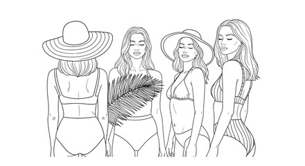 Obraz premium Four women in swimsuits pose wearing sun hats on a beach.