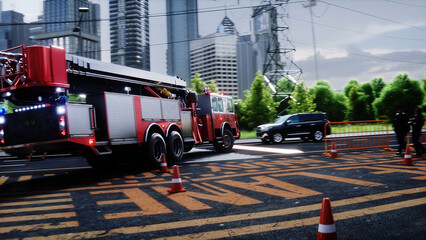 Fire truck quickly leaves for the call, garage door at fire department opens. 3d rendering.