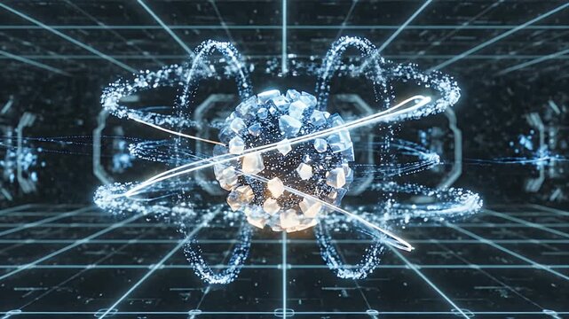 Abstract CGI Animation of Artificial Intelligence Core Featuring Glowing Blue Particles and Digital Grid Background Creates Futuristic Digital Technology Concept
