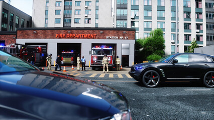 Fire station. A firefighter stands next to a fire engine. Fire trucks, their lights on, are ready to go. 3d rendering. © 3D motion