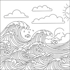 Fototapeta premium Black and white illustration of a large wave isolated on transparent background