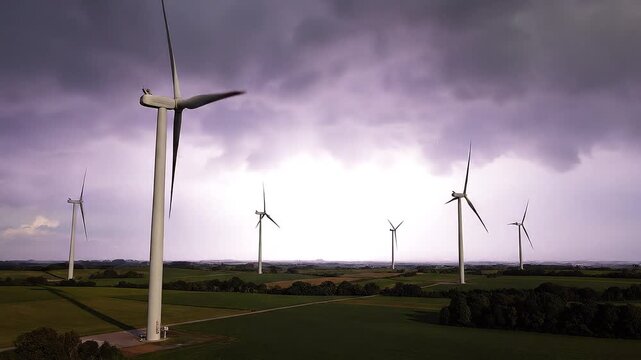 Wind turbines in stormy weather conditions.