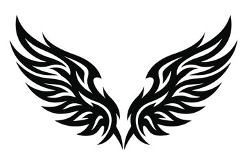 Fototapeta premium Tribal Wings Vector Illustration with Flame Pattern. Artistic Black and White Symmetrical Wing Design for Tattoos, Decals, and Apparel. Stylized Heroic Icon Isolated on White Background.