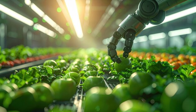 Robotic Arm Precision Harvesting Genetically Engineered Green Apples in a Modern Vertical Farm Under Bright Sunlight