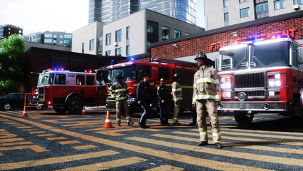 Fire station. A firefighter stands next to a fire engine. Fire trucks, their lights on, are ready to go. 3d rendering. © 3D motion