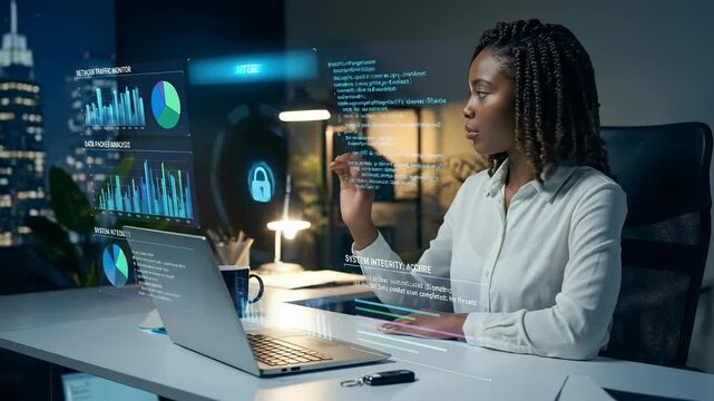 Woman interacts with digital security interface on laptop in modern office. Bright screen shows data graphics and security features. Concept of tech consulting, cybersecurity, software development