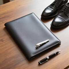 Interview essentials flatlay with resume folder, polished shoes, tie clip and pen arranged on wooden desk in calm light